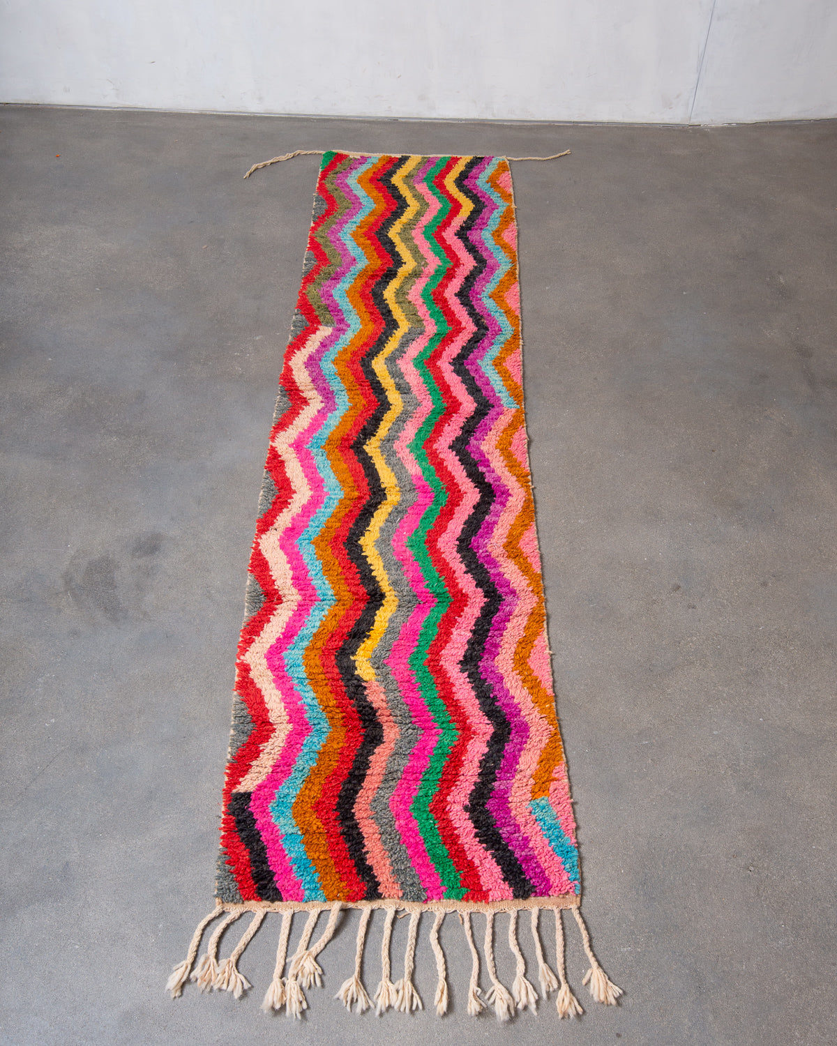 Modern, designer, handcrafted Berber runner rug from Morocco. Vintage carpet with beautiful colours and patterns and fluffy texture.